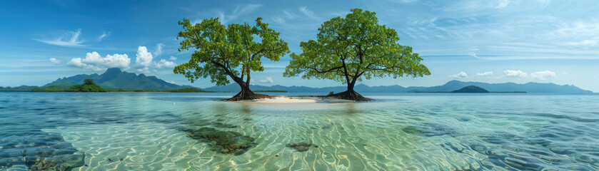 Serene Tropical Beach Scene with Two Isolated Trees on Clear Blue Waters under a Bright Sky