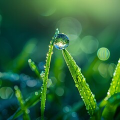 Poster - Captivating Close up of Dew Droplet on Lush Grass Blade Showcasing Nature s Intricate Details