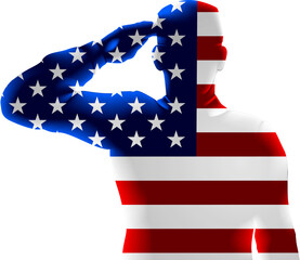 Poster - A soldier saluting silhouette with American flag design.