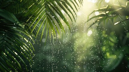 Exotic plants under the tropical rain. Ferns and other vegetation in the rainforest. The jungle, the rainy season.