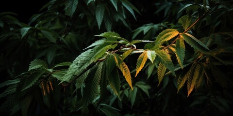 Wall Mural - Leaves In Dark Forest Background. Light And Shadow On Fresh Foliage In Wild At Night. Generative AI