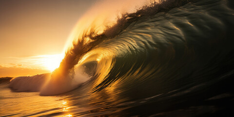 Wall Mural - Ocean Wave at Sunset. Evening Surf. Generative AI