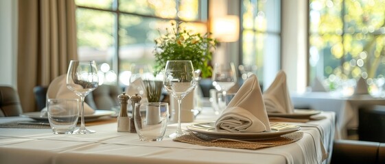 elegant table setting with white tablecloth, glassware, and a floral centerpiece.