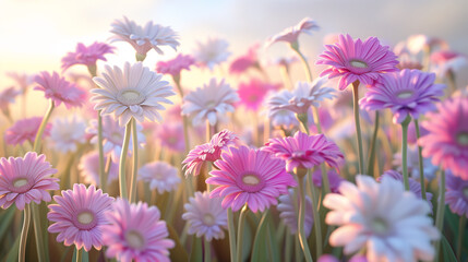 Wall Mural - Field of light purple and white gerbera flowers