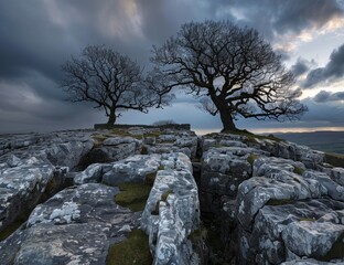 Wall Mural - The iconic lichen covered limestone landscape of the Yorkshire Dales, featuring sharp rocks and trees silhouetted against an overcast sky, creating dramatic lighting effects in a panoramic view.