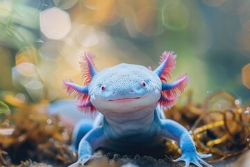 A blue axolotl with pink gills, smiling underwater with bokeh lights in the background.