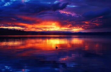 Sky is dark and the clouds glow with hues of orange, blue purple, and yellow as they cover an expansive lake at sunset. A lone duck floats on the water's surface below.