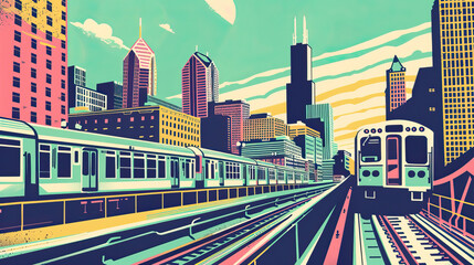 Wall Mural - Risograph print travel poster, card, wallpaper or banner illustration, modern, isolated, clear and simple of Chicago America. Artistic, stylistic, screen printing, stencil digital duplication