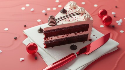 Poster - Ceramic knife in red slices a birthday cake adorned with chocolate decorations on a white napkin