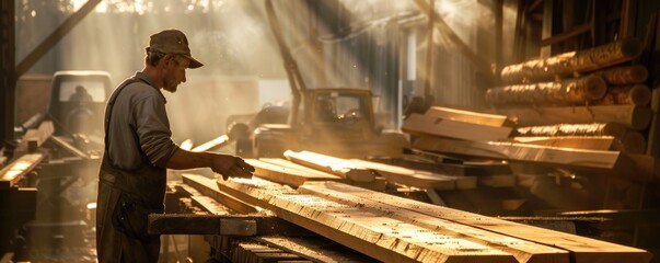 Wall Mural - A rugged sawmill worker wearing a hard hat and plaid shirt stands in a forested area with logs stacked behind him. 