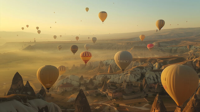 a group of hot air balloons are flying over a desert landscape