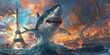 © QuietWord - painting style illustration monster Shark with sharp teeth   in France
