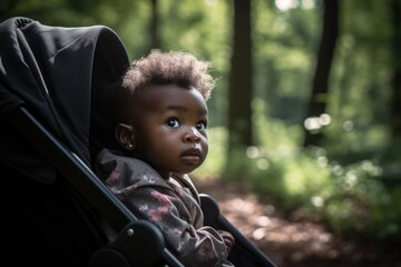 An african american black-skinned infant baby sitting in a stroller enjoying walk in nature park or forest in summer or autumn. Generative AI.