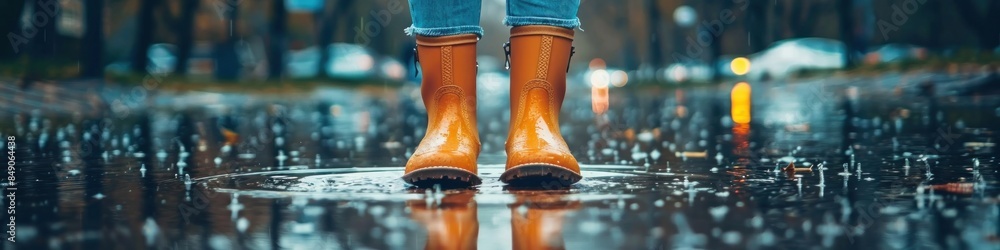 Feet in bright orange rubber boots standing in a rain puddle on a city ...
