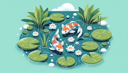 Koi Fish Pond with Lily Pads and Flowers. Illustration of a serene koi fish pond with vibrant lily pads, blooming water lilies, and lush aquatic plants.