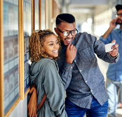 Leinwandbilder - Man, woman and students with selfie at campus for memory, smile and post on social media. Couple, people and happy for photography with profile picture together in hallway, learning and education
