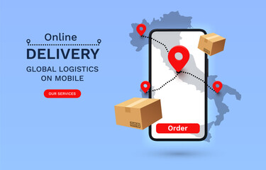 Online Delivery global logistics on mobile, delivery within the Italy. Vector illustration