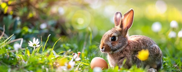Cute brown bunny rabbit sits in the sunny spring grass next to an egg