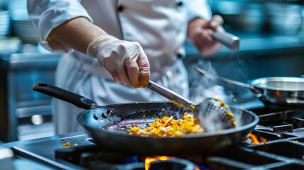 Wall Mural - Closeup photo of chef cooking food or frying pan in kitchen