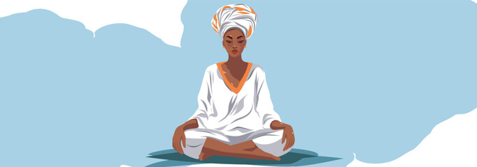 0Vector bright design of international yoga day with place for text. A beautiful woman in a headscarf meditates. Practice body poses in yoga. Celebrating Yoga Day. Banner, poster or greeting card