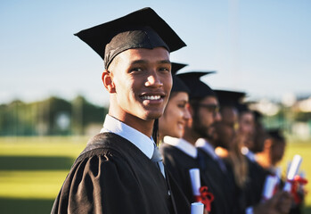 Poster - Celebration, graduation and portrait of university student outdoor on campus with friends for ceremony or event. Diversity, education and future with happy graduate man at college for success