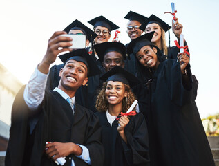 Poster - Certificate, graduation and selfie of student friends outdoor on campus together for ceremony or event. Celebration, diversity and education with photograph of happy graduate people at university