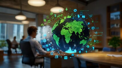 a professional team implementing a corporate sustainability program. Display visuals of digital tools tracking carbon footprint, green certifications, and eco-conscious work habits.