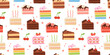 © tanyabosyk - Birthday cake slices seamless pattern. Sweet holiday bakery pieces collection. Pastry chocolate fruit, berry dessert with candles for breakfast. Vector hand drawn flat cartoon illustration