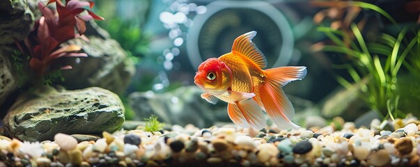 Poster - Elegant goldfish glides through a vibrant freshwater tank, surrounded by vibrant pebbles, rocks, and lush green foliage