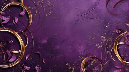 Wall Mural - Plum background with metallic gold swirls and abstract circular shapes. 