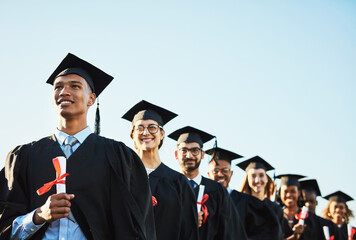 Poster - Celebration, future and graduation with student friends outdoor on campus together for ceremony or event. Diversity, education and vision with group of happy graduate in line at college or university