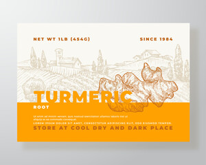 Wall Mural - turmeric plant root curry food label template. abstract vector packaging design layout. modern typog