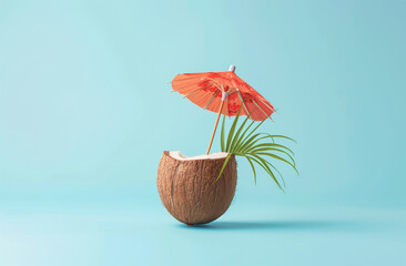 Wall Mural - Half coconut with an orange umbrella and palm leaf on a pastel blue background. Conveys a playful tropical summer concept.