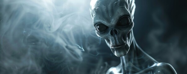 Scary gray alien with large black eyes, emerging from a misty, dark background, evoking a sense of mystery.