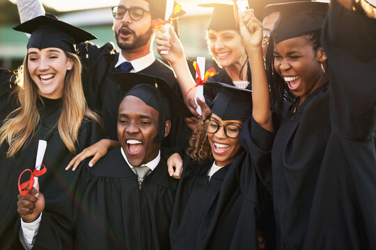 Students, happy and graduation people on campus, excited and university farewell for education or knowledge. Diploma, celebration ceremony and achievement with friends, academic and smile or success