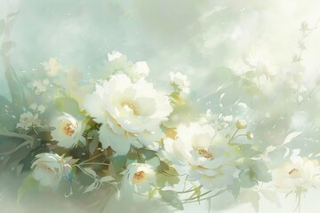 Wall Mural - White roses in a field of green and white flowers on a sunny day, romantic floral artistic landscape