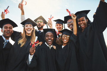 Poster - Students, celebration and campus graduation with diploma, excited and university farewell for education or knowledge scholarship. Outdoor ceremony, achievement and people, academic and success