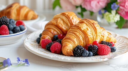 Sticker - Fresh berries filled croissant on a white table A classic choice for breakfast a light meal or a sweet treat