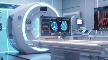Leinwandbilder - A clean, modern medical laboratory featuring an AI-powered diagnostic scanner analyzing patient data on a large screen. Generative AI