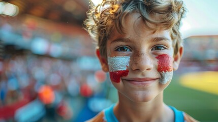 Wall Mural - A young boy smiles wide with his face painted in red and white, showing passionate support for his sports team at a stadium