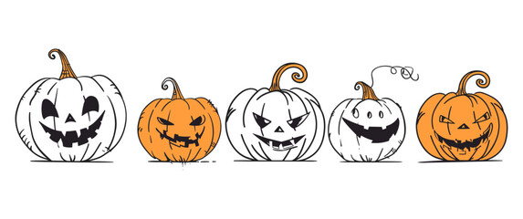 Continuous line drawing of spooky Halloween pumpkin jack o' lantern set, scary, decoration, October