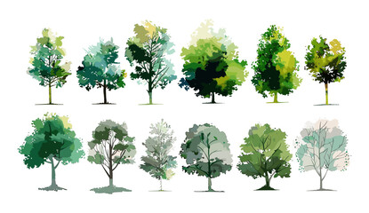 Watercolor style architectural hand drawn rough tree illustrations vector set, artistic design elements, landscape sketches