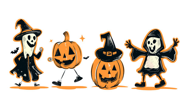 Vintage Halloween characters collection ghost pumpkin witch vector illustration spooky holiday decoration, retro style festive design, seasonal celebration art