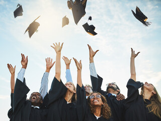 Poster - Students, graduation and caps in sky with happiness, university achievement or ceremony or excited people. Academic, goals and college degree completion, education success and excellence celebration