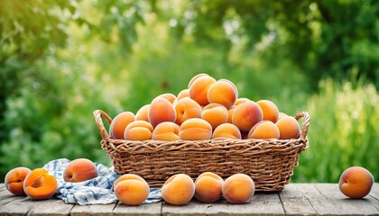 Wall Mural - A basket filled with apricot is placed on top of a wooden table, showing the harvest of fresh produce. Healthy food, summer fruits. Design for banner, poster with copy space. Farm products.