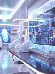 Fototapete - A futuristic medical laboratory showcasing advanced technology, including a large screen displaying patient data analyzed by AI-powered diagnostic tools. Generative AI