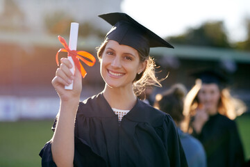 Poster - Smile, university and portrait of woman on campus for education, college and academic success. Happy, award or study with student for graduation, degree or scholarship achievement for learning growth