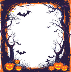 Wall Mural - Halloween poster illustration with bats, Jack O' Lanterns, and night frame, spooky vector art, holiday decoration