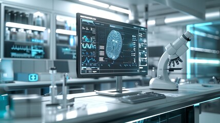 Leinwandbilder - A sterile and modern medical laboratory featuring a high-tech scanner displaying patient data on a large screen, showcasing the use of AI in advanced medical diagnostics. Generative AI