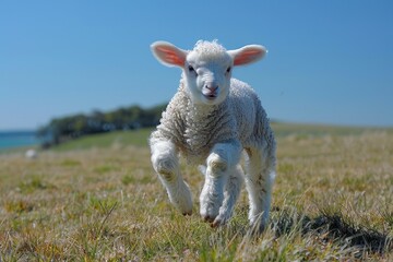 Baby Lamb: A fluffy white lamb, frolicking in a green pasture under a bright blue sky. 